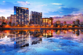 2020 Downtown Montreal City Water Reflection at Sunset - stock photos and royalty-free images