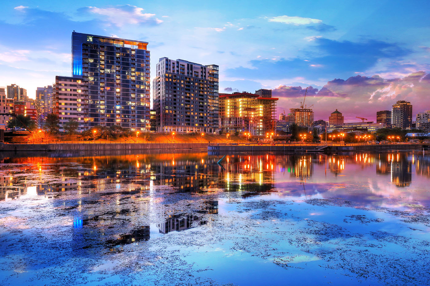 2020 Downtown Montreal City Water Reflection at Sunset - stock photos and royalty-free images