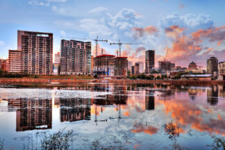 2020 Downtown Montreal Cityscape with Water Reflection - stock photos and royalty-free images