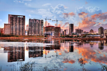 2020 Downtown Montreal Cityscape with Water Reflection - stock photos and royalty-free images