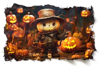 Chubby Halloween Scarecrow and Illuminated Pumpkins