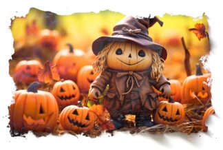 Chubby Halloween Scarecrow and Pumpkins