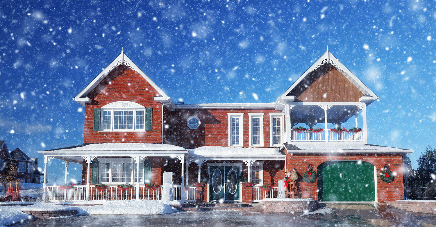 Cozy Modern Brick House with Light Snow Fall