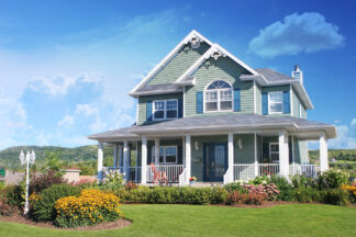 Cozy Modern Pastel Cottage House with Outdoor Flower Arrangement