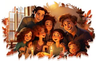 Family Thanksgiving Dinner Cartoon Style