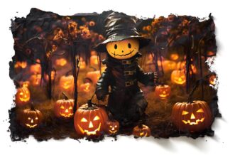 Halloween Scarecrow and Illuminated Pumpkins