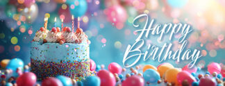 Happy Birthday Banner - Festive Cake with Balloons and Candles
