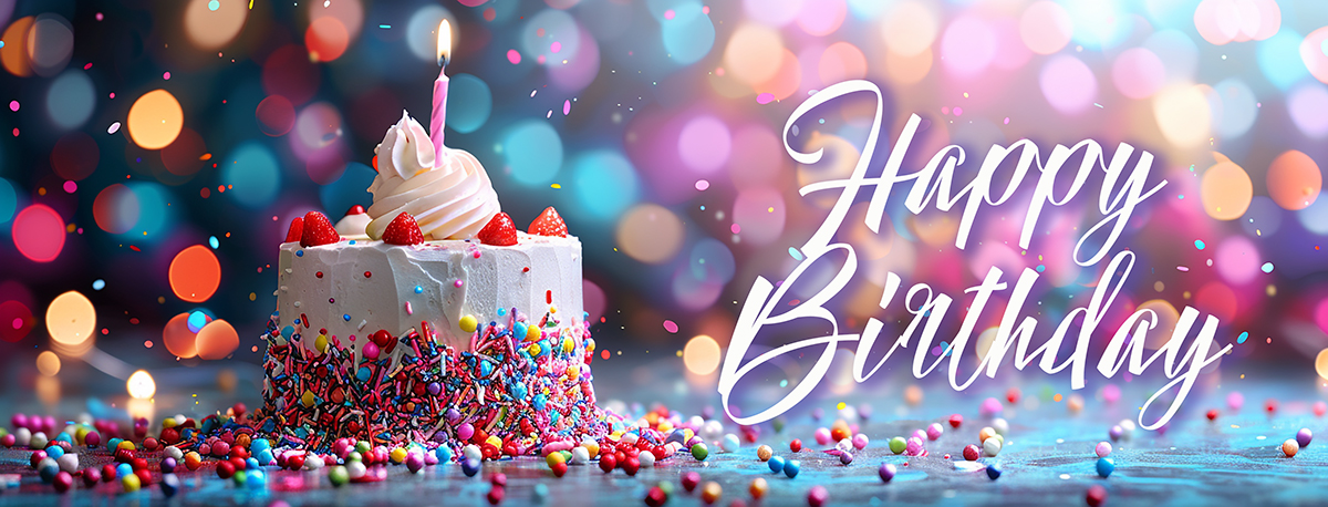 Happy Birthday Banner - Festive Small Cake with One Candle