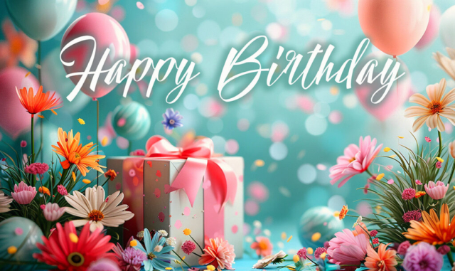 Happy Birthday - Cute Gift with Flowers and Balloons