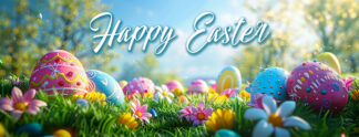 Happy Easter Wishes Banner - Colorful Eggs in Nature Photo