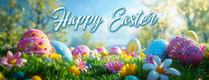 Happy Easter Wishes Banner - Colorful Eggs in Nature Photo