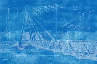 Modern Pedestrian River Cross Footbridge in Blueprint