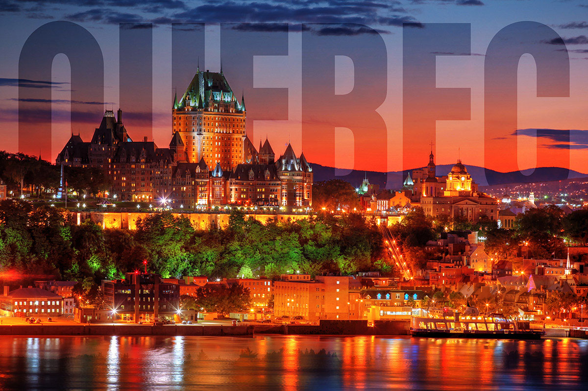 Quebec Frontenac Castle Montage with Text 02 - stock photos and royalty-free images