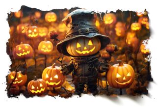 Spooky Halloween Scarecrow and Illuminated Pumpkins