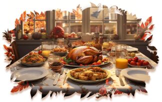 Thanksgiving Dinner Table with Turkey and Food