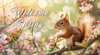Welcome Spring Banner - Adorable Squirrel in Nature Photo