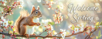 Welcome Spring Banner - Cute Squirrel in Nature Photo